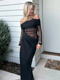 PICSGIRL  -  Women Autumn Evening Party Dresses Elegant Slash Neck Off Shoulder Mesh Patchwork See-through Folds Long Black Dress High Street