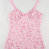 PICSGIRL  -  Spaghetti Strap Flowers Printed Summer Mesh Dress Frill Bow Sweet Holidays Sundress Coquette Clothes Double Layer New