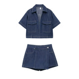 PICSGIRL  -  Solid Denim 2 Piece Set 2024 New V Neck Pocket Cropped Tops+Irregular Shorts Skirts Streetwear Fashion Summer Suits For Women