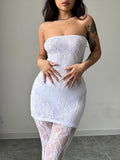 PICSGIRL -  White Mini Dresses Women Sexy Lace See Through Strapless Dress With Leggings Female Elegant Fashion Party Club Bodycon Jumpsuits