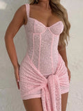 PICSGIRL  -  Sexy Sleeveless Short Lace Dress Women's Bandage Pink Party Gowns 2025 Summer High Waist Bodycon Green Evening Dresses Clubwear