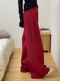 PICSGIRL  -  Women's Wide Leg Red Denim Pants Cleanfit Casual  Straight High Waist Baggy Jeans Skater Dancer Boyfriend Streetwear