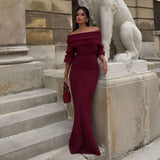 PICSGIRL  -  Elegant Red Off Shoulder Pleated Knit Maxi Dress For Women Chic Slash Neck Backless Long Sleeve Robe 2024 Autumn Lady Party Gown