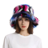 PICSGIRL  -  Autumn Winter Women Keep Warm Rainbow Faux Fox Fur Basin Cap Female Fashion Casual Party Bucket hat Music Festival Thickened Hat