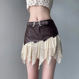 Picsgirl -  In American Retro Short Skirt One Piece Lace Patchwork Leather Half Skirt Women's Low Waisted Personalized Belt Pleated Skirt