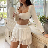 PICSGIRL -   Summer Mini skirts y2k clothes korean fashion white skirts for women elegant pleated high waisted skirt with shorts asymmetrical