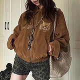 PICSGIRL  -  cute winter outfits Cat Embroidery Brown Heavy Embossed Suede 2024 Jacket Women Autumn Winter Vintage Long Sleeve Leather Coat Fashion Eco Top