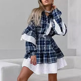 PICSGIRL  -  Ruffled Patchwork Shirt Mini Dress Women's Plaid Long Sleeve Lace Belt Single Breasted Dress Slim A-Line Mini Dress Y2k