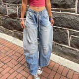 PICSGIRL  -  Fashion Ripped Barrel Jeans High Street Blue Low Waist Casual Oversized Denim Pants Boyfriend Style Women Outfits Y2K