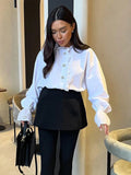 PICSGIRL  -  Retro Diamond Ruffled Shirt For Women Stand Color White Top Casual Fashion Flare Long Sleeve Single Breasted Lady Blouses