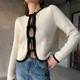 Talenza Bow Knitted Cardigan Women's Autumn Casual Lace Cardigan Slim Top Commuting Long Sleeve Pocket Patchwork Knitted Jacket