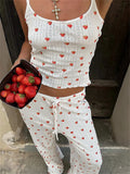 PICSGIRL  -  Strawberry Printed Tank Top Straight Leg Pants 2 Piece Set Women's Color Contrasting Pajama Leisure Suit Homewear