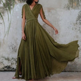 PICSGIRL  -  Green Bohemia Beach Dress Women Elegant Sexy V-Neck Backless Loose Maxi Dress Summer Fashion Lace-up Holidays Party Dress 2024