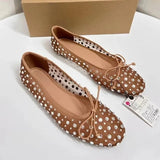 PICSGIRL  -  Luxury Rhinestones Women Shoes Spring Shallow Breathable Mesh Round Toe Bling Bowtie Elegant Ballet Flats for Female