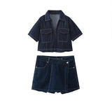 PICSGIRL  -  Women Summer Suits Denim Blue Turn-Down Collar Short Sleeves Pocket Decoration Shirts+Mid Waist Asymmetrical Shorts