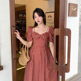 PICSGIRL  -  Summer New Age-reducing French Square Collar Vintage Plaid Dress Luxury Designer Bubble Sleeves Slim Elegant Causal Skirt