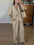 PICSGIRL  -  Cotton Loose Female Pajama 2 Piece Suit Short Sleeve Nightgown Sexy V-Neck Sleepwear Pants Casual Women Nightwear Set
