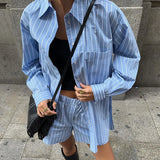 PICSGIRL  -  Blue Pocket Striped Shorts Sets Women Single Breasted Long Sleeve Blouse+Elastic Waist Casual Short Pant 2 Piece Set 2025 Spring