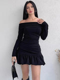 PICSGIRL  -  Off Shoulder Slim Ruffle Dress Female Bodycon Long Sleeve High Waist Pleated Mini Dresses Elegant Evening Sheath Dress