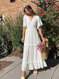 PICSGIRL  -  Embroidered White Lace Maxi Dress Elegant for Women Fashion Spring Summer Boho Beach Style Long Sundress Hollow Out New In