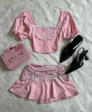 PICSGIRL  -  Gothic Women's Two-Piece Bow Pink Low-Waisted Mini Skirt Y2K New Harajuku Kawaii Low-Waisted Blouse Casual Joker Street Wear