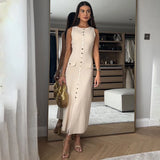 PICSGIRL  -  Elegant Sleeveless Single-Breasted Ribbed Knitwear Long Dress For Women High Waist Bodycon Knitted Fake Pocket Dress New