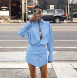 PICSGIRL  -  Blue Shirts Dress Slim Women Classic Lapel Long Sleeves Pleated Pencil Mini Dress Summer Autumn 2024 Office Ladies