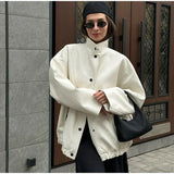 PICSGIRL  -  Street Women's White Leather Jacket Casual Stand Collar Single Breasted Long Sleeve Female Coat Autumn Lady Elegant Outwear