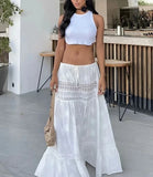 PICSGIRL  -  White Lace Midi Skirt High Waist Casual Long Skirts Womens Spring Summer Bottoms Elegant Boho Beach Style Cover Ups 2024