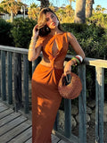 PICSGIRL  -  Sexy Knot Ruched Hollow Out Dress Woman Slim Off Shoulder Backless Bodycon Midi Robes Summer Autumn Party Evening Dresses