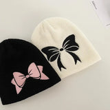 PICSGIRL  -  Autumn Winter Bow Embroidery Knitted Hats Women Girls Fashion Pink Bow Warm Adult Beanie Hat Korean Skullies Caps Female Bonnet