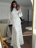 PICSGIRL  -  Ruffle Printed Long Sleeve Long Dress Women's Elegant Contrast Color Slim Fit Lace Waist Casual Summer Fashion Long Dress