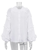 PICSGIRL  -  Ruffle Loose Women Shirts 2024 Cotton Long Sleeve Elegant White Tshirt Ladies Street Casual Holiday Baggy Cover Up Female