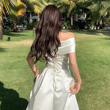 PICSGIRL  -  French Satin off-Shoulder Birthday Formal Dress Long Dress Formal Dress Can Be Worn at Ordinary Times Tube Top Bow Fairy Dress