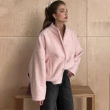 PICSGIRL  -  Women's Pink Short Fur Jacket Autumn Loose Fashion Long Sleeve Jacket Top Casual Stand Collar Pocket Button Warm Jacket