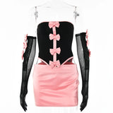 PICSGIRL  -  Sexy Strapless Bows Trim Women Two Piece Sets Black Gloves Corset Tops Pink Skirts Female Summer Skinny Party Clubwear