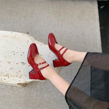 PICSGIRL -  New Spring Korea Flats Fashion Mary Jane Shoes Square Toe Women's Shoes Retro PU Red Black Women Pumps