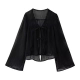 PICSGIRL  -  Summer Solid Knitted Thin Cardigan Women 2024 New V Neck Long Sleeve Hollow Out Blouses Casual Fashion Holiday Lace-up Shirts