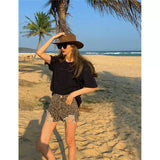 PICSGIRL  -  Women's Ripped Leopard Print Shorts Fashion Streetwear High Waist Tassel Mini Cowboy Shorts Jeans 2000s Y2k Summer Clothes 2024