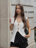 PICSGIRL  -  Solid Hollow Out Tank Tops Women Sexy Fashion V-neck Sleeveless Elegant Knitted Vest 2024 Summer New Casual Fashion Camis Femme