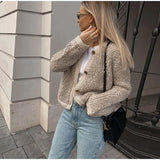 PICSGIRL  -  Fashion Lamb Wool Women Short Coats O-neck Long Sleeve Single Breasted Jackets Female Autumn Winter Office Lady Commuting Coat