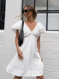 PICSGIRL  -  Summer New White Midi Dress Women Sexy Fashion V Neck Puff Sleeve Bandage A-line Vestidos 2024 Casual Elegant Backless Dresses