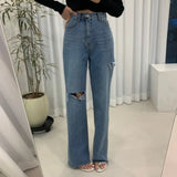 PICSGIRL  -  Korean Fashion Style High Waist Slim Asymmetrical Tear Ragged Edge Straight Tube Floor Dragging Denim Pants for Women