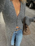 PICSGIRL  -  Chic Women Grey Deep V Basic Cashmere Cardigan Casual Full Sleeve Single Breasted Long Slim Sweater Lady New Highstreet Knitwear