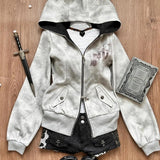 PICSGIRL  -  Y2k Aesthetic Vintage Printing Pocket Hoodies Gothic Fairy Grunge Hooded Jackets Autumn Women Double Zippers Punk Sweatshirt