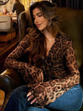 PICSGIRL  -  American Leopard Print Spicy Girl V-Neck Shirt With Women's Design Sense, Tied Casual Retro Fashion Top