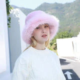 PICSGIRL  -  Autumn Winter Women Keep Warm Rainbow Faux Fox Fur Basin Cap Female Fashion Casual Party Bucket hat Music Festival Thickened Hat