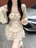 PICSGIRL  -  Floral Sexy Party 3 Piece Set Women Sweet Patchwork Boho Mini Skirt Suit Female Knitted Coat+Strap Vest+Pleated Lace Skirt