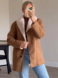 PICSGIRL  -  Fashion Solid Lapel Women Jacket Lamb Wool Full Sleeve Lady Coat Autumn Winter Warm Thicken Vintage Loose Female Outwear