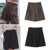 PICSGIRL  -  European and American style fashion all-match belt pleated all-match casual shorts women's new straight wide-leg suit shorts